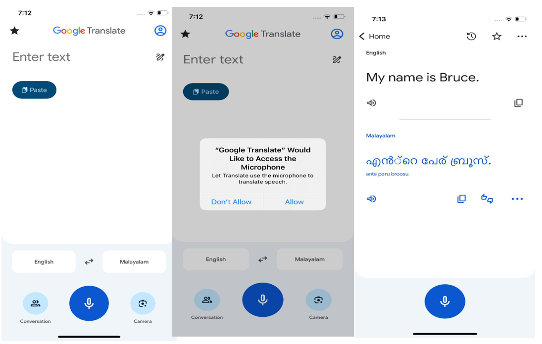 Interface showing how to do Malayalam to English voice translation with Google on mobile