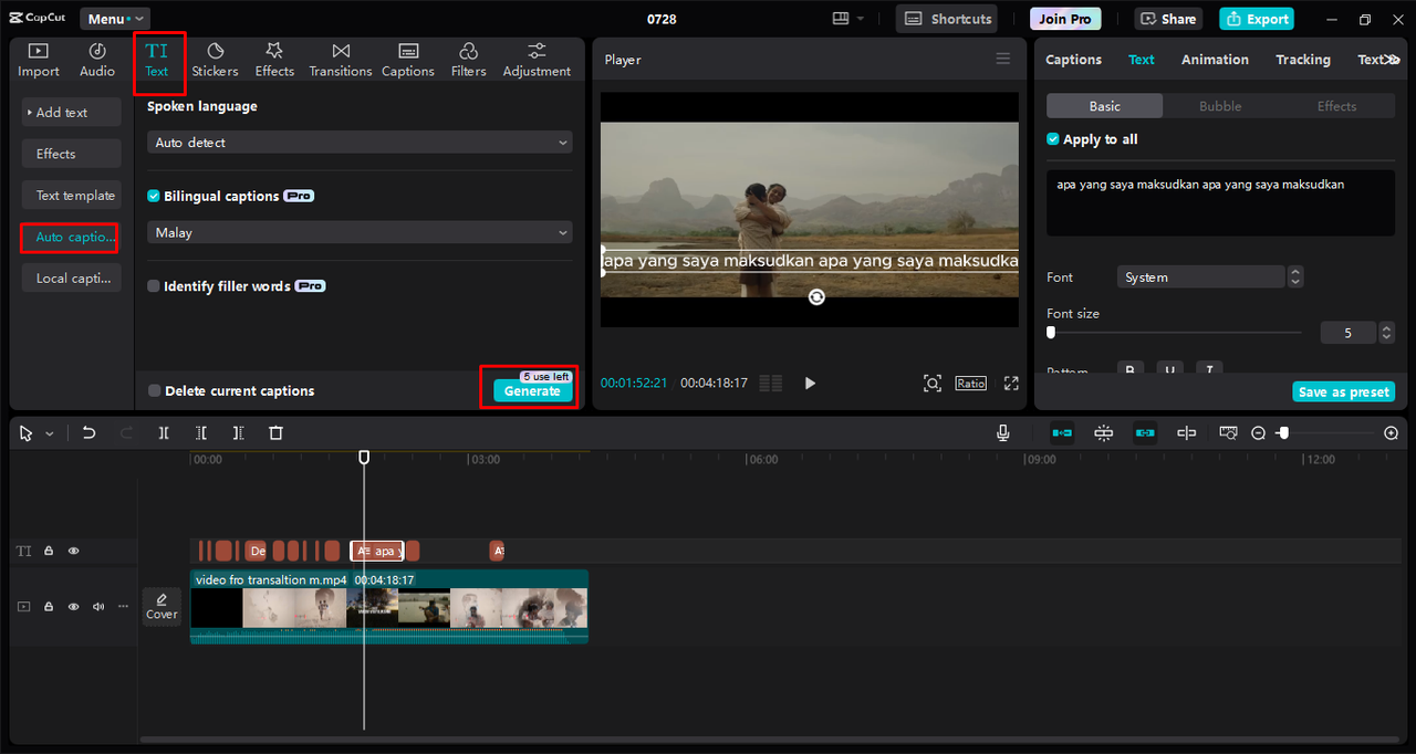 Generating Malay captions in the CapCut desktop video editor