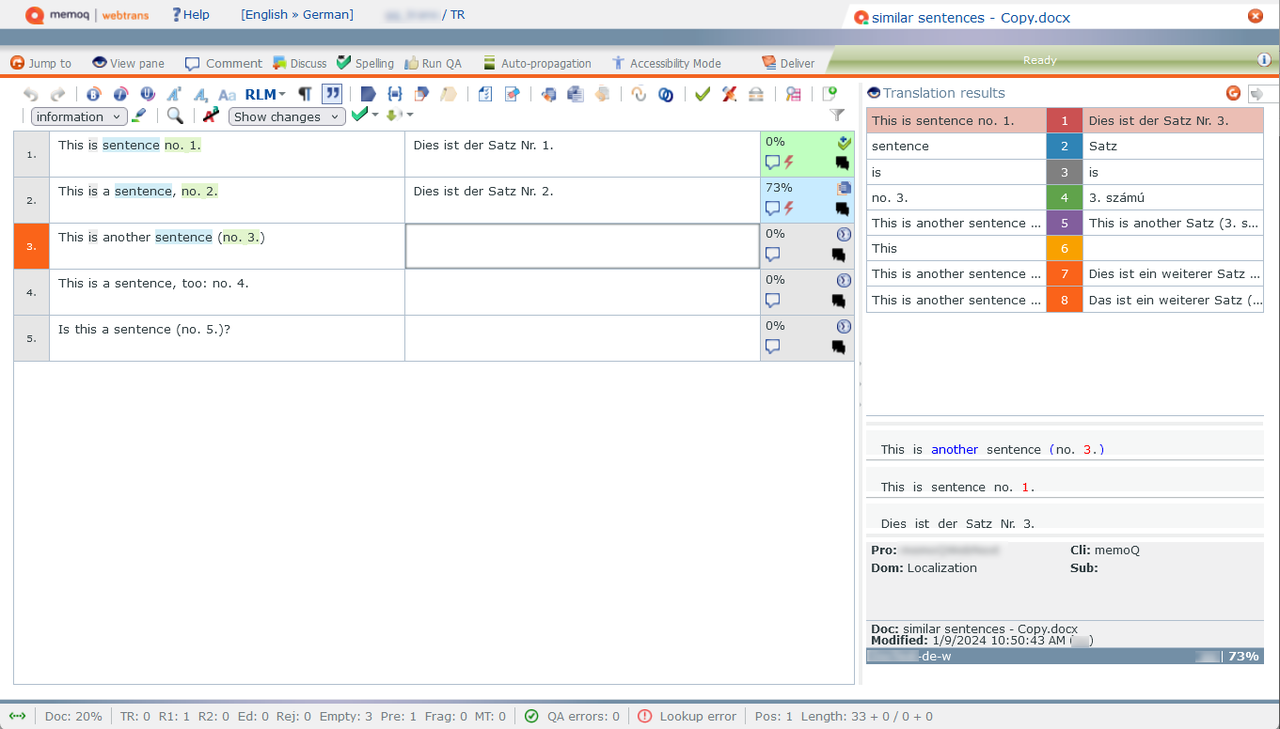 Editing interface of MemoQ - one of the best French-to-English voice translators  