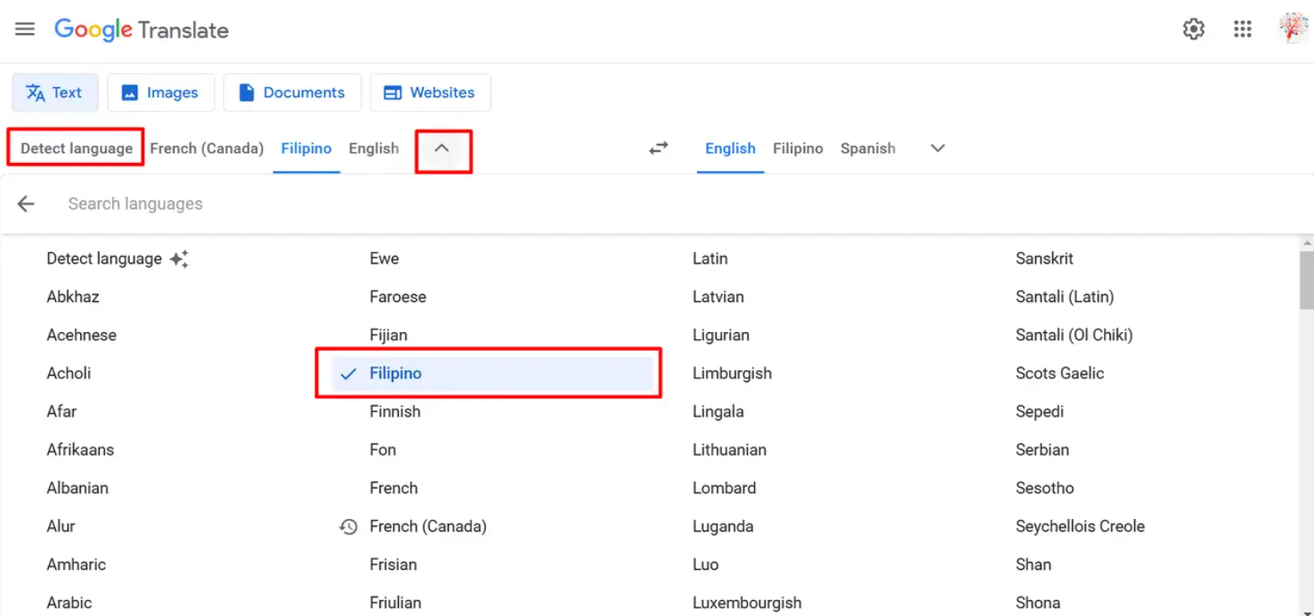 Selecting the preferred languages in Google Translate