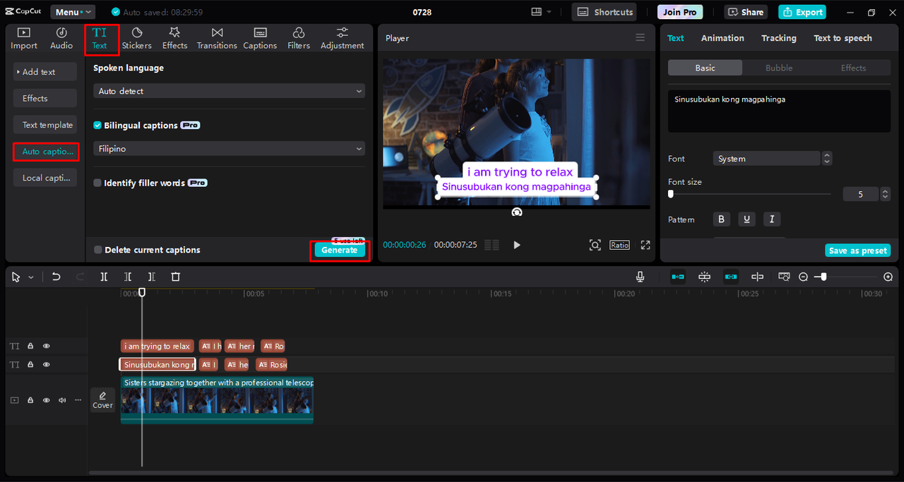 Adding Flipino captions to videos using the CapCut desktop video editor