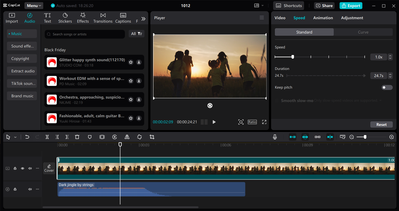 Interface of the CapCut desktop video editor - a reliable tool to translate English to Indonesian audio