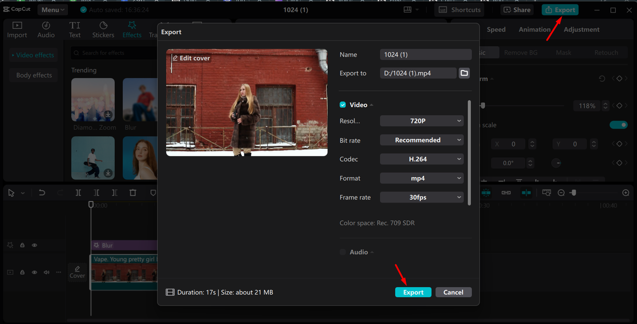 Exporting video from the CapCut desktop video editor