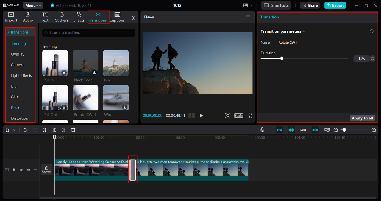 Applying diverse transitions to a video in the CapCut desktop video editor