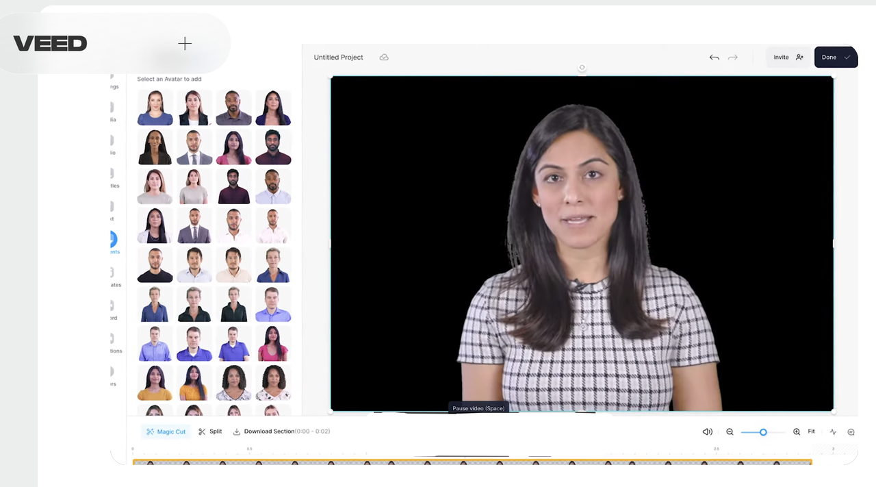 Interface of Veed.io - the perfect way to create talking heads videos