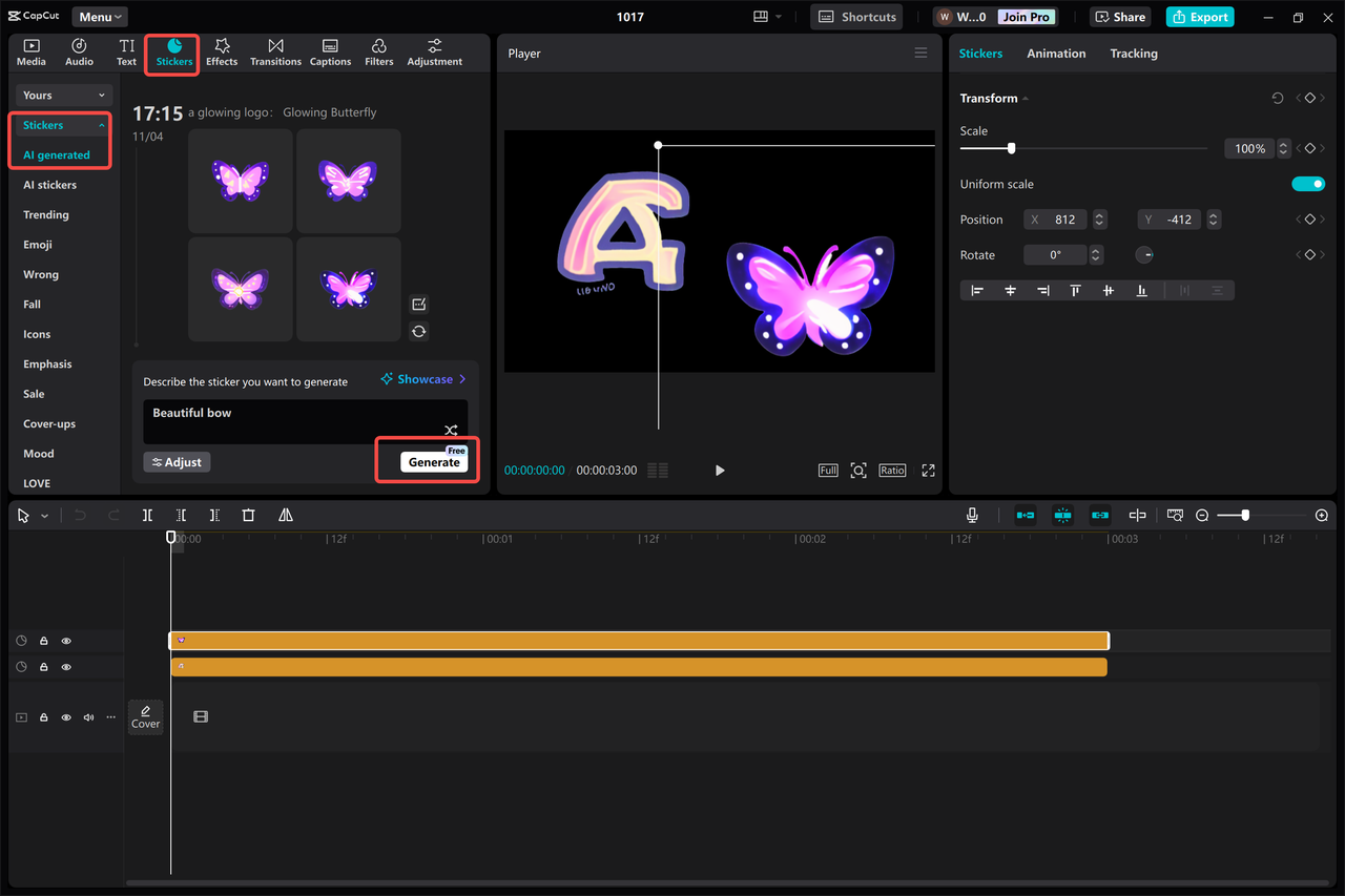 Generating custom stickers for a video in the CapCut desktop video editor