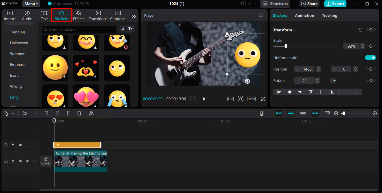 Adding and adjusting the emojis in the CapCut desktop video editor