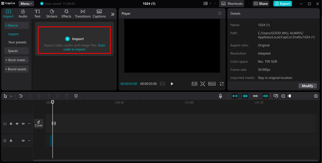 Importing video in the CapCut desktop video editor