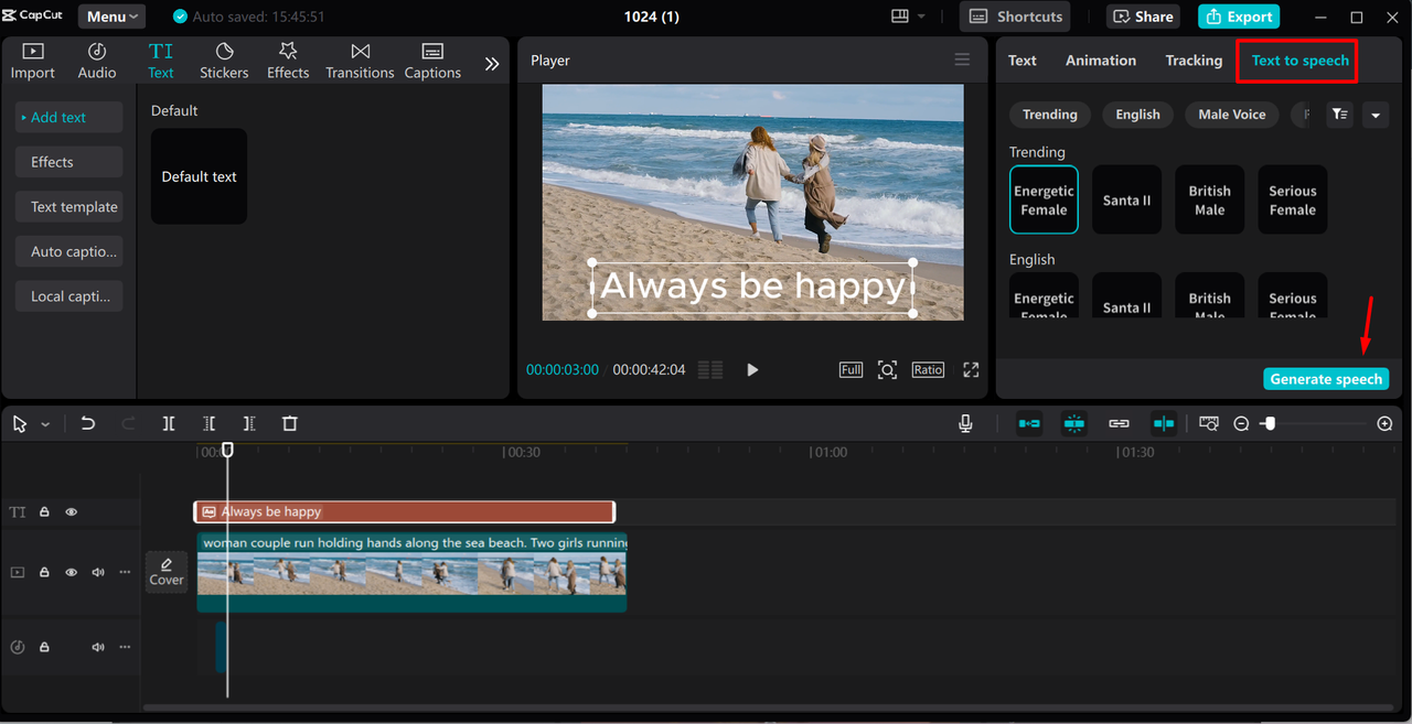 Converting text to speech in the CapCut desktop video editor