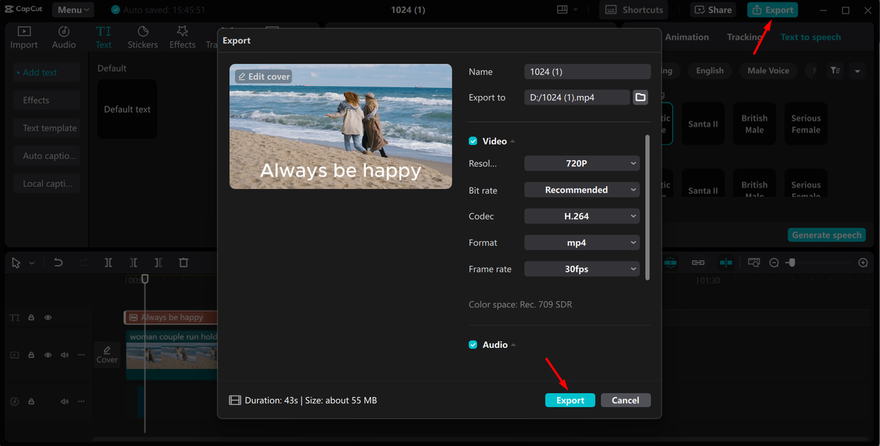 Exporting video from the CapCut desktop video editor