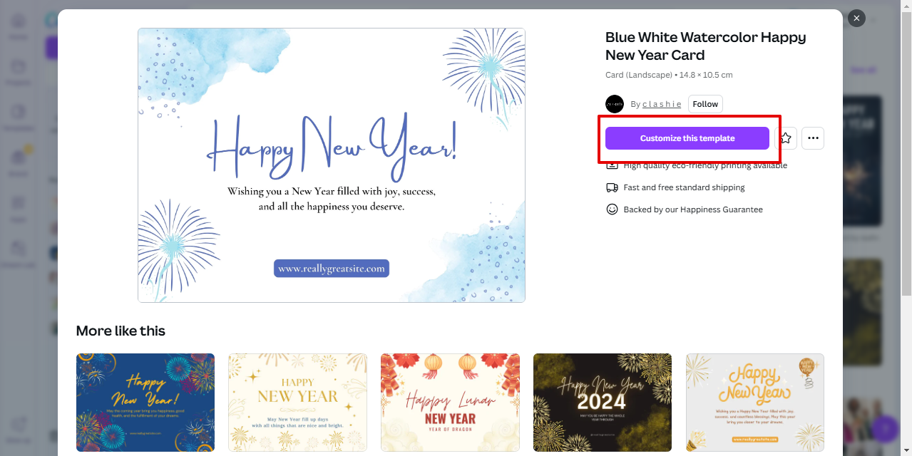 selecting New Year card template