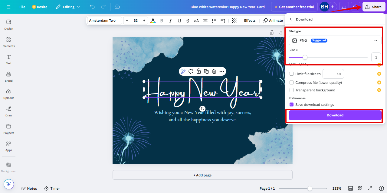 exporting new year card from Canva