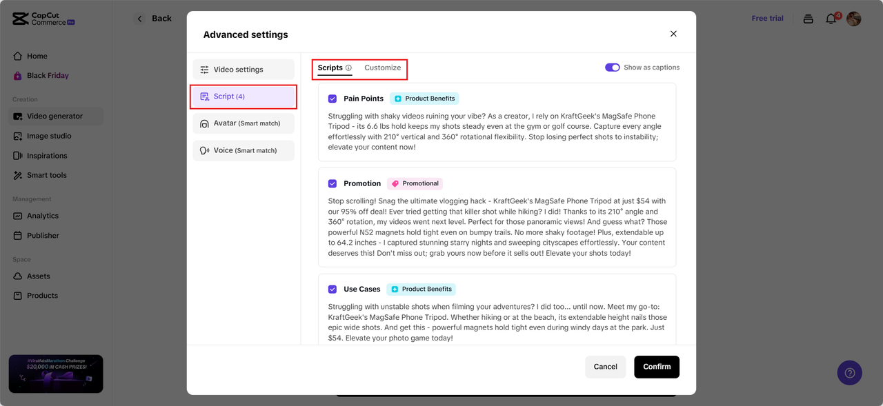 Choose or customize your script