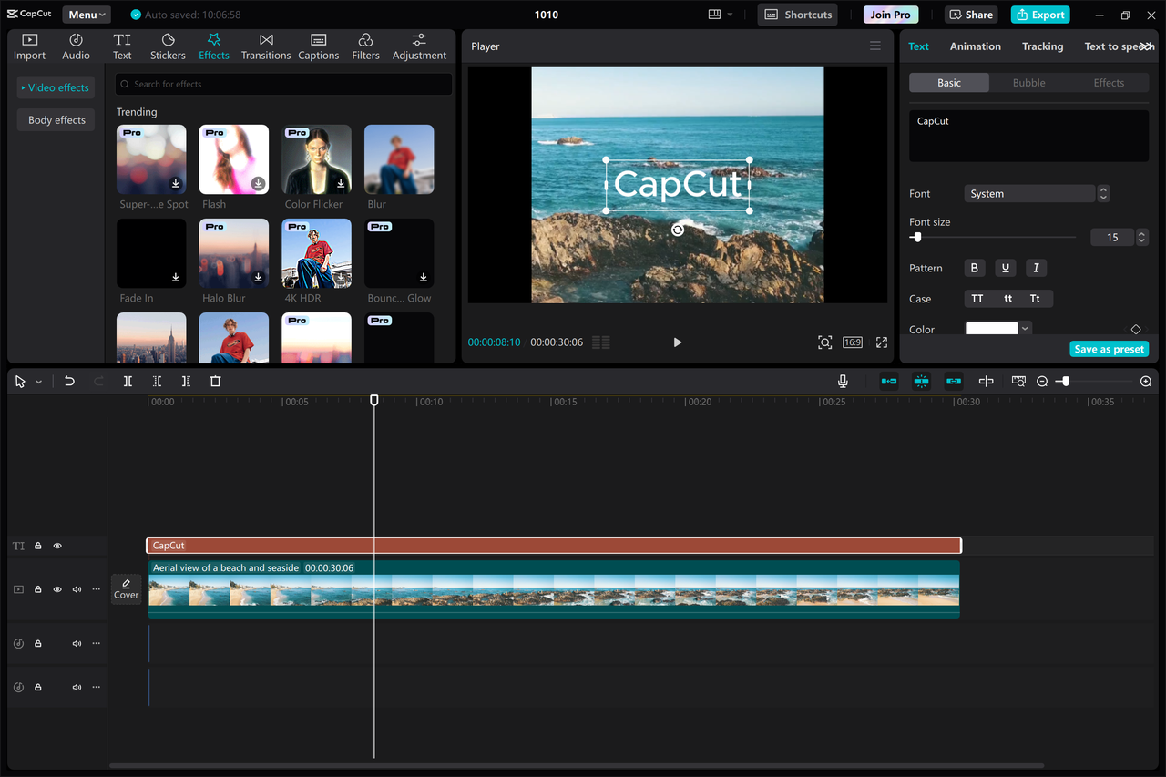 Facebook video editing interface using CapCut desktop video editor to create the best video size for Facebook