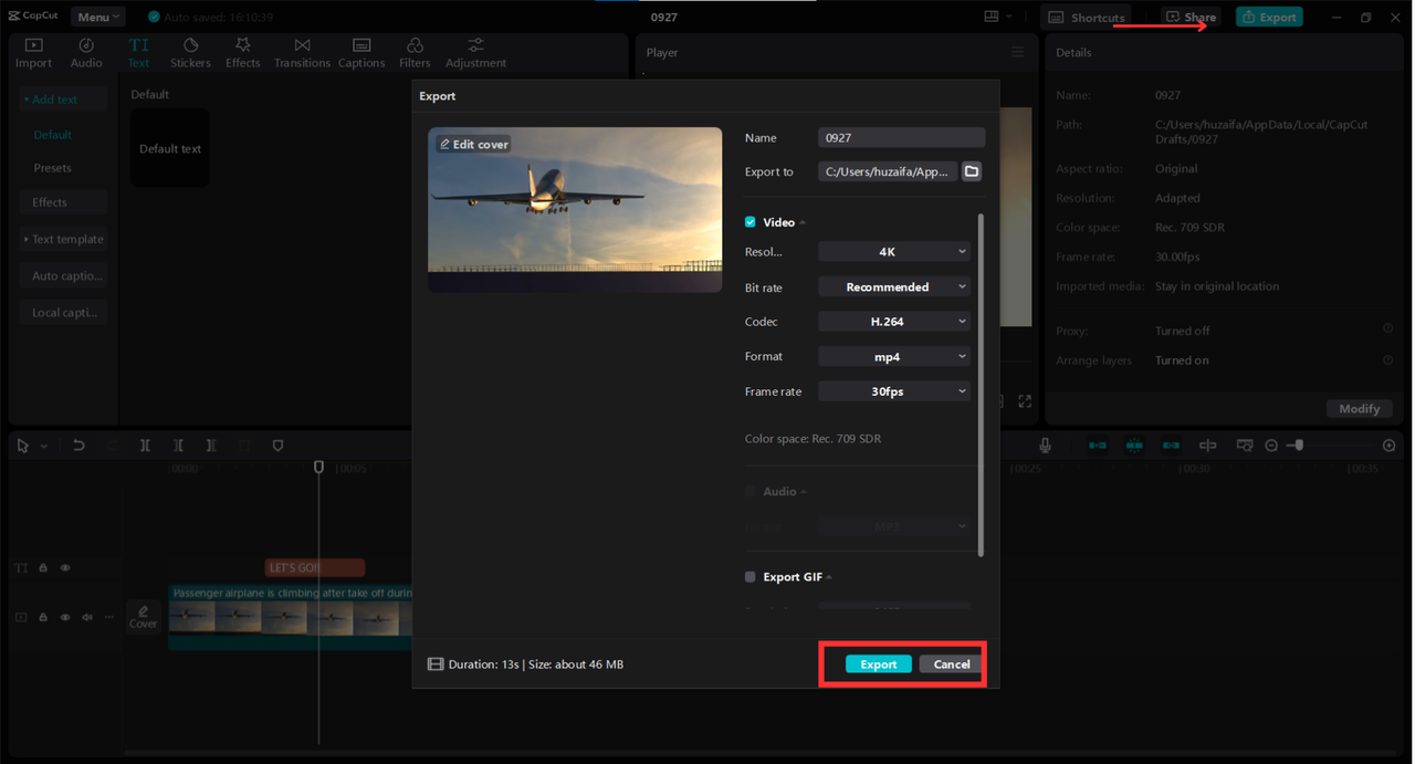 export the maximum video size Twitter from CapCut desktop video editor