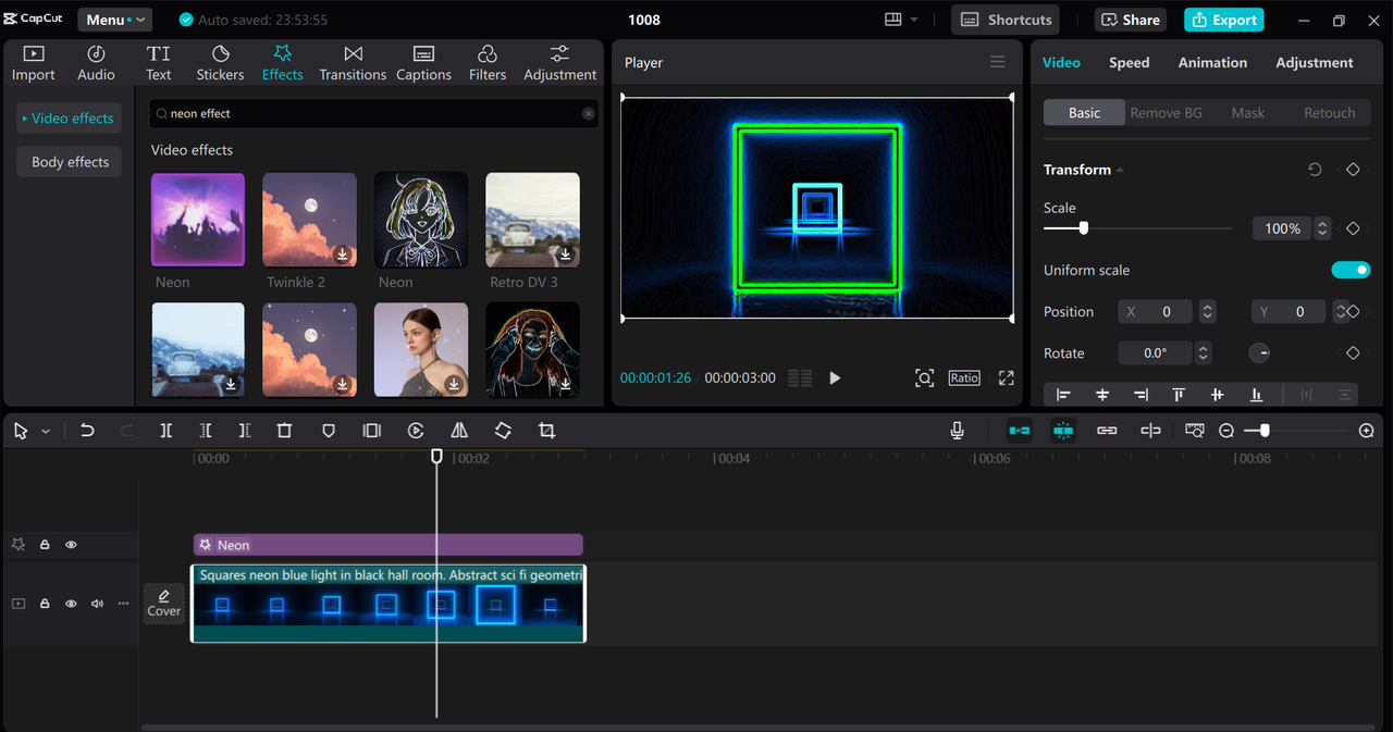 Editing interface of the CapCut desktop video editor - a user-friendly tool to add neon effects to text