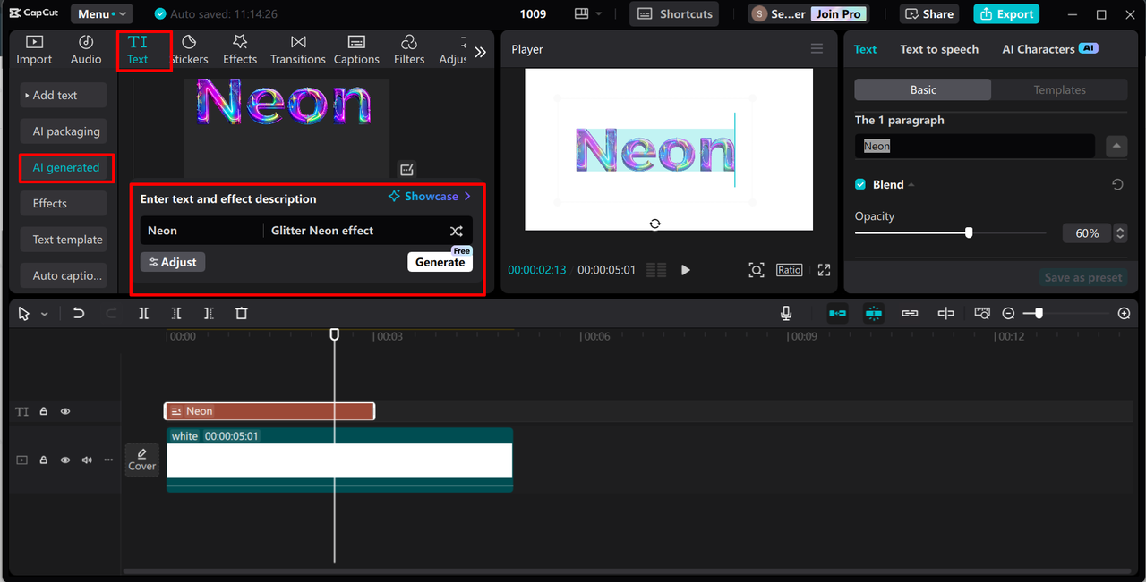 Generating the neon text in the CapCut desktop video editor