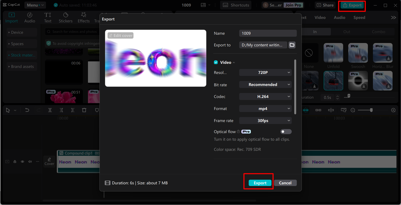 Exporting video from the CapCut desktop video editor