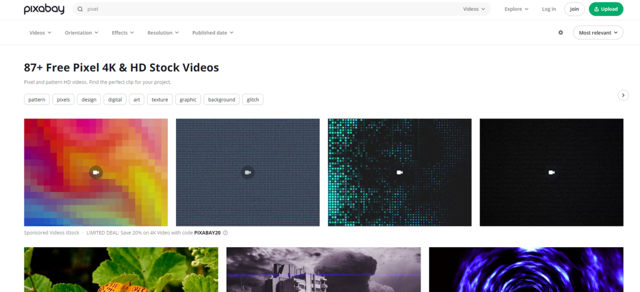 Interface of Pixabay - the best place to download pixel videos