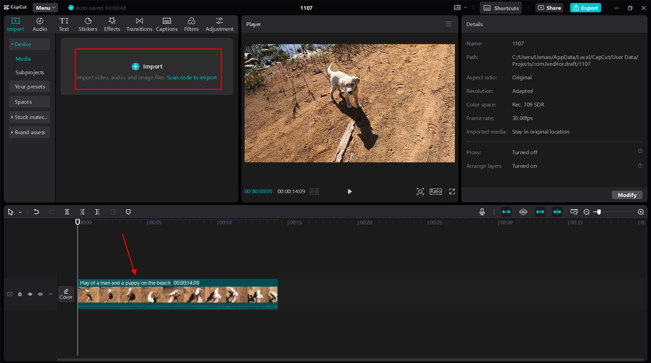 Importing the video into the CapCut desktop video editor