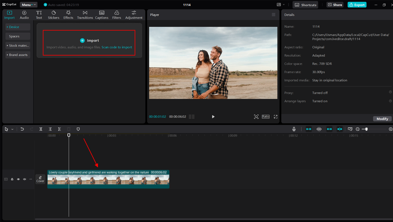 Importing video in the CapCut