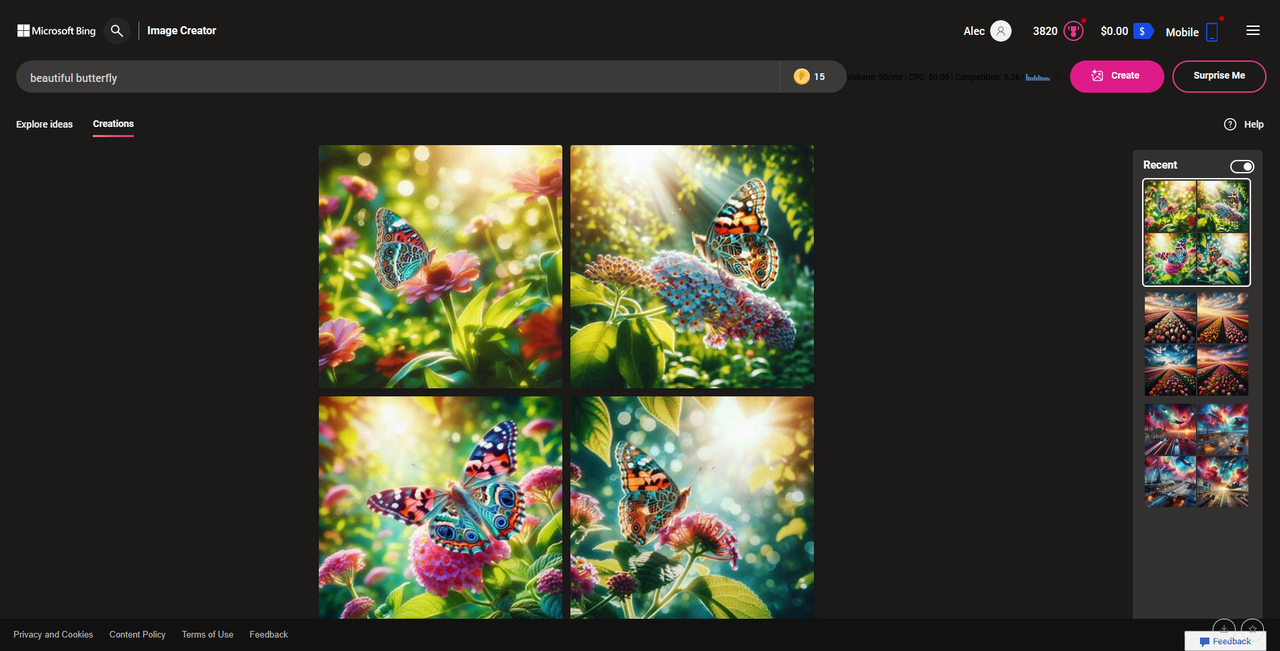 Bing Image Generator's editing interface