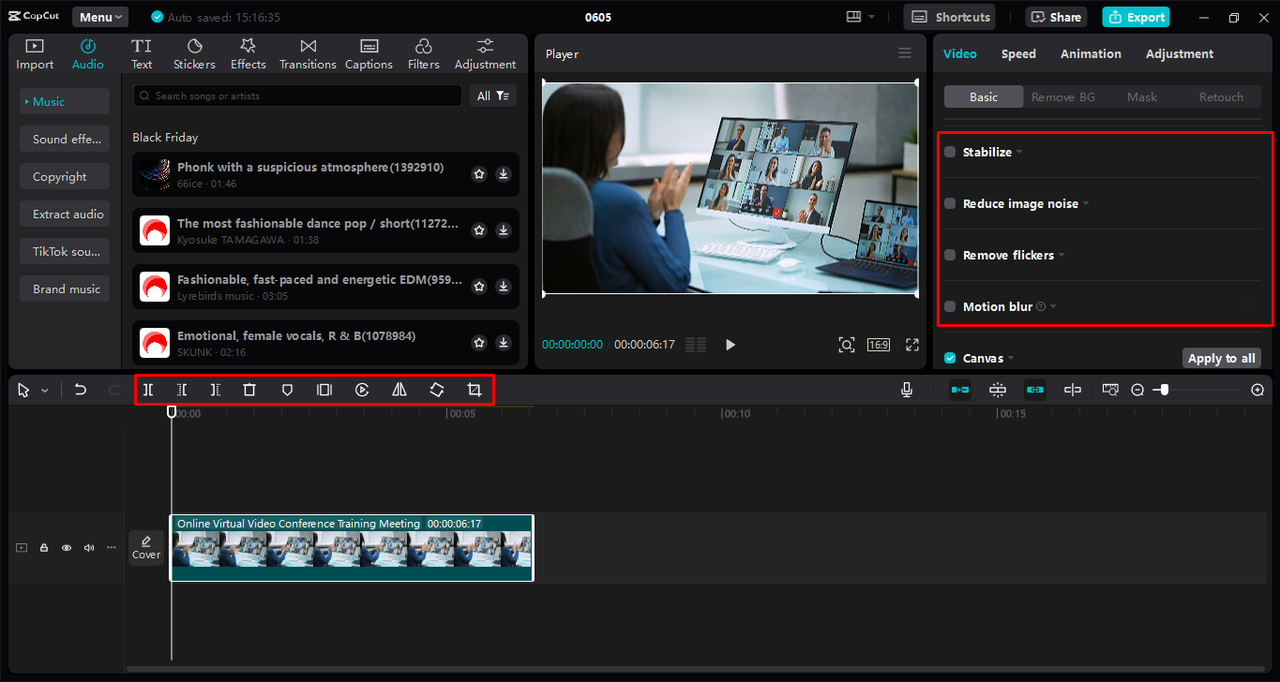 Editing the Zoom video using various tools in the CapCut desktop video editor