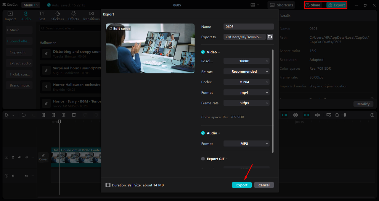 Exporting video after editing in the CapCut desktop video editor