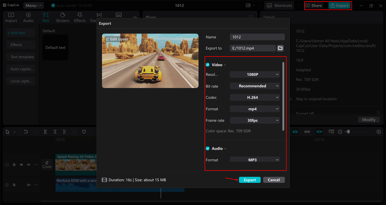 Exporting a video from the CapCut desktop video editor