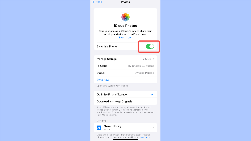 Enable the iCloud photo library