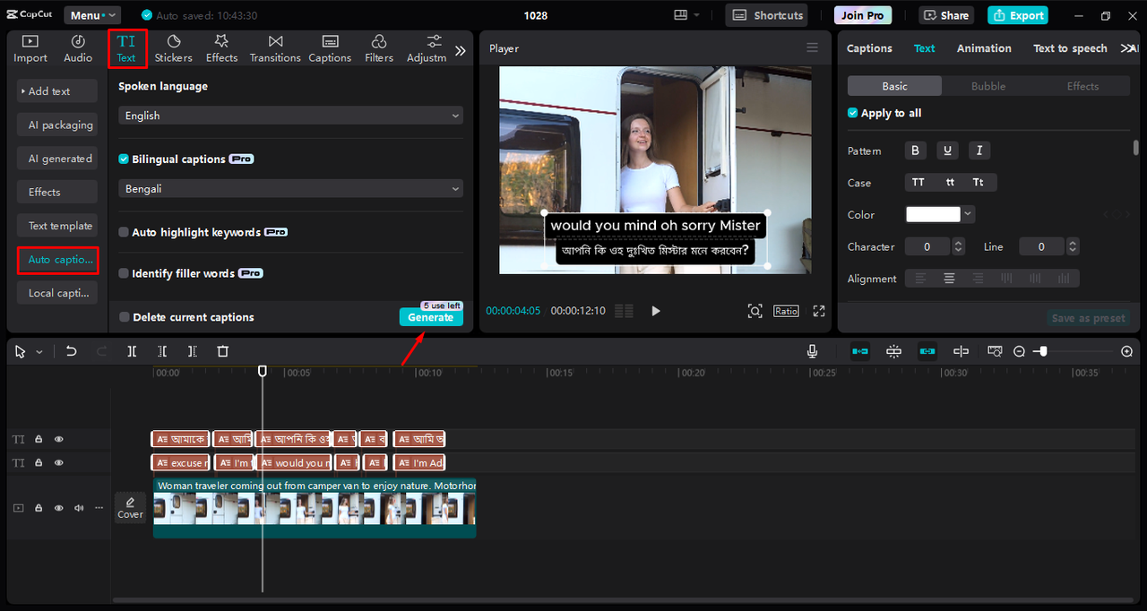 Inserting auto-captions to video content in the CapCut desktop video editor