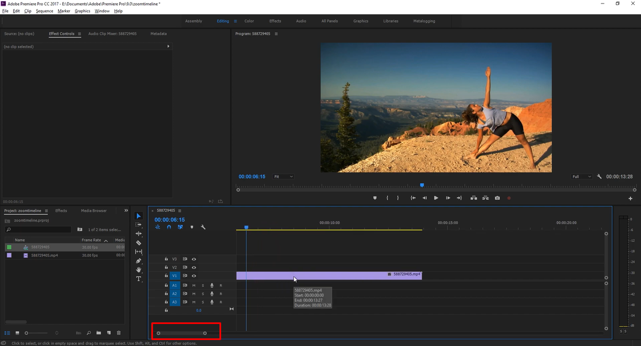 Interface showing how to zoom in Adobe Premiere Pro on the timeline