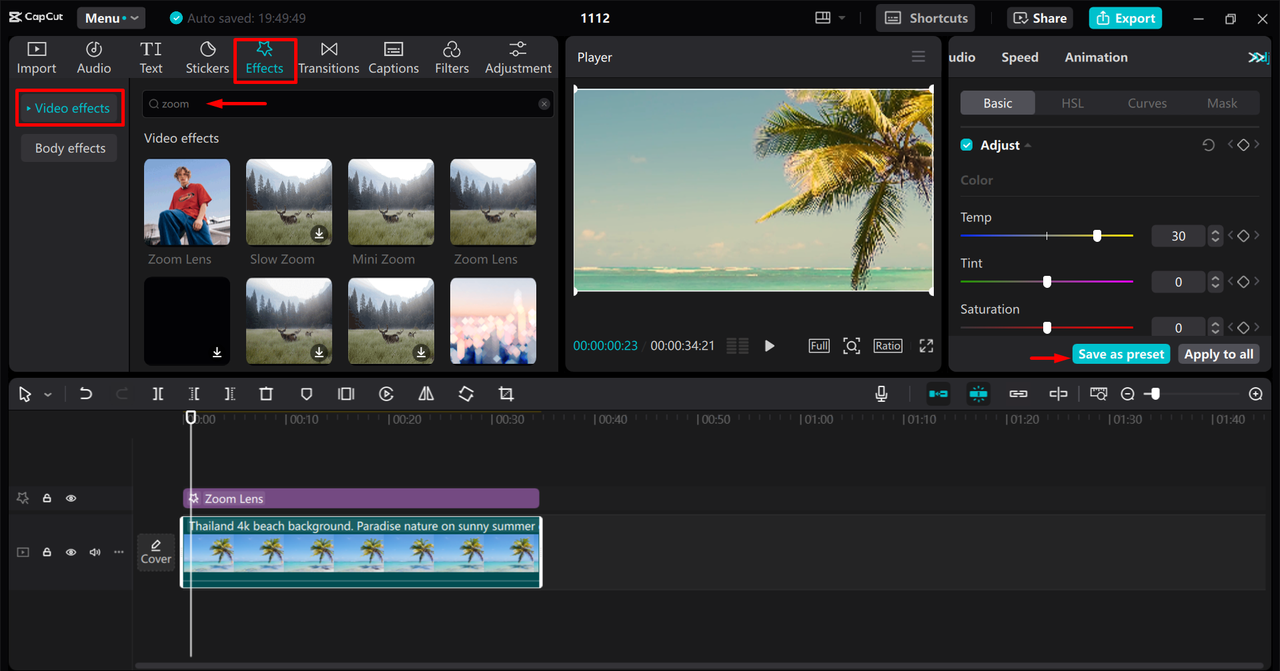 Adding zoom-in effects in the CapCut desktop video editor