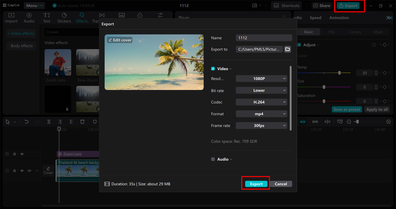 Exporting video from the CapCut desktop video editor