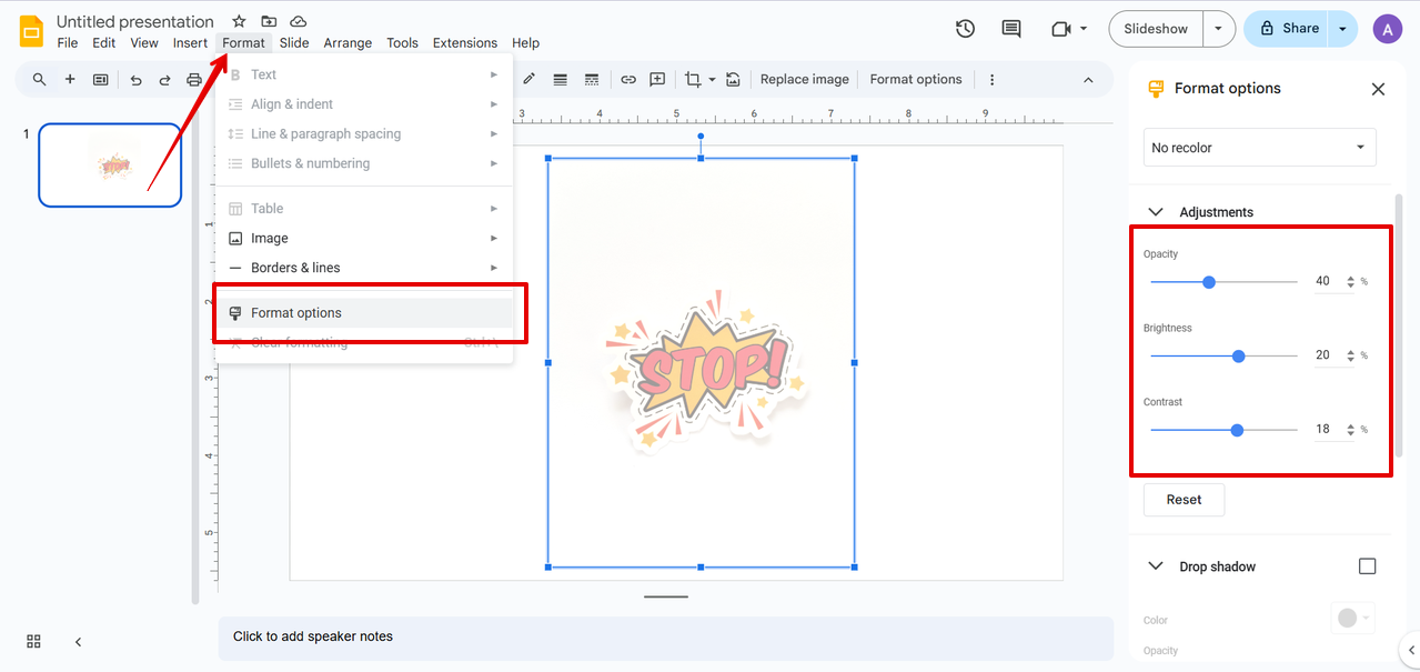 accessing formating options in Google Slides