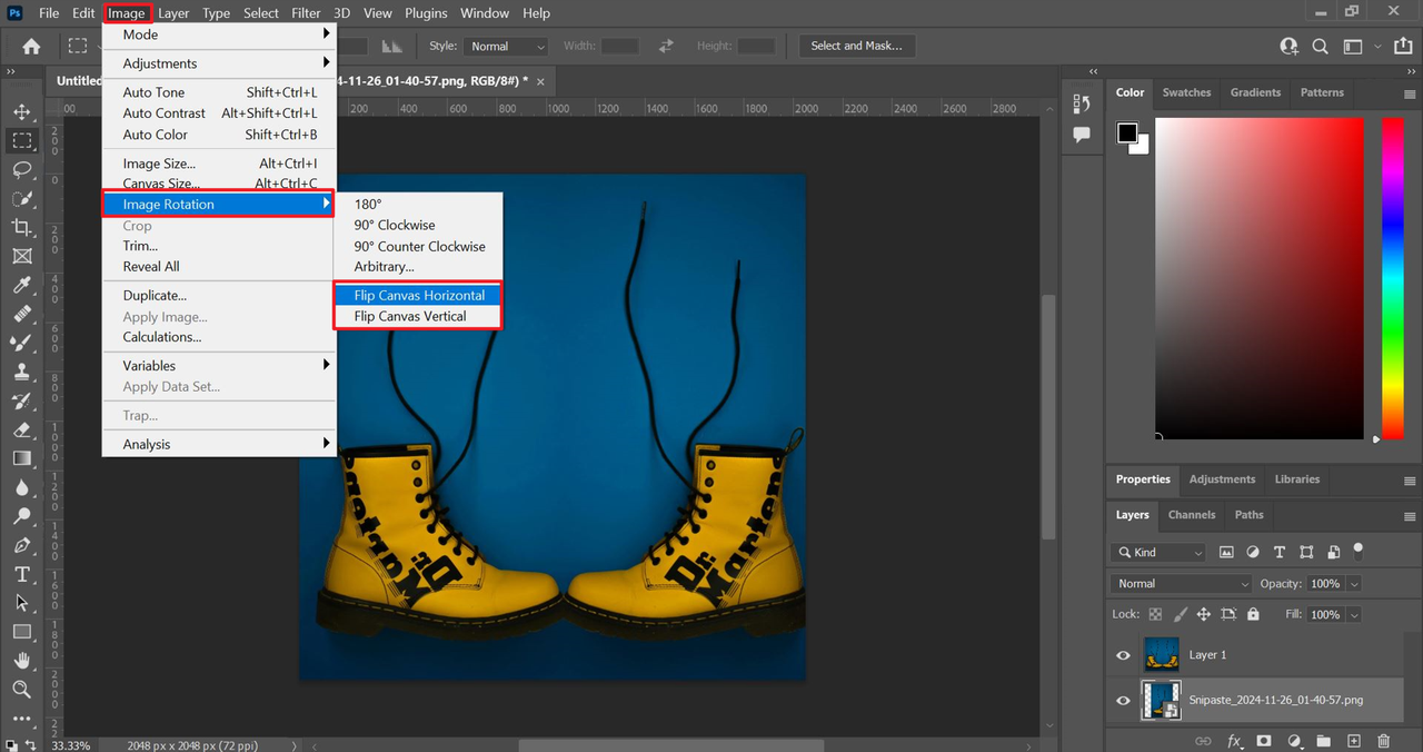 Navigate to "Image Rotation," Photoshop mirror tool