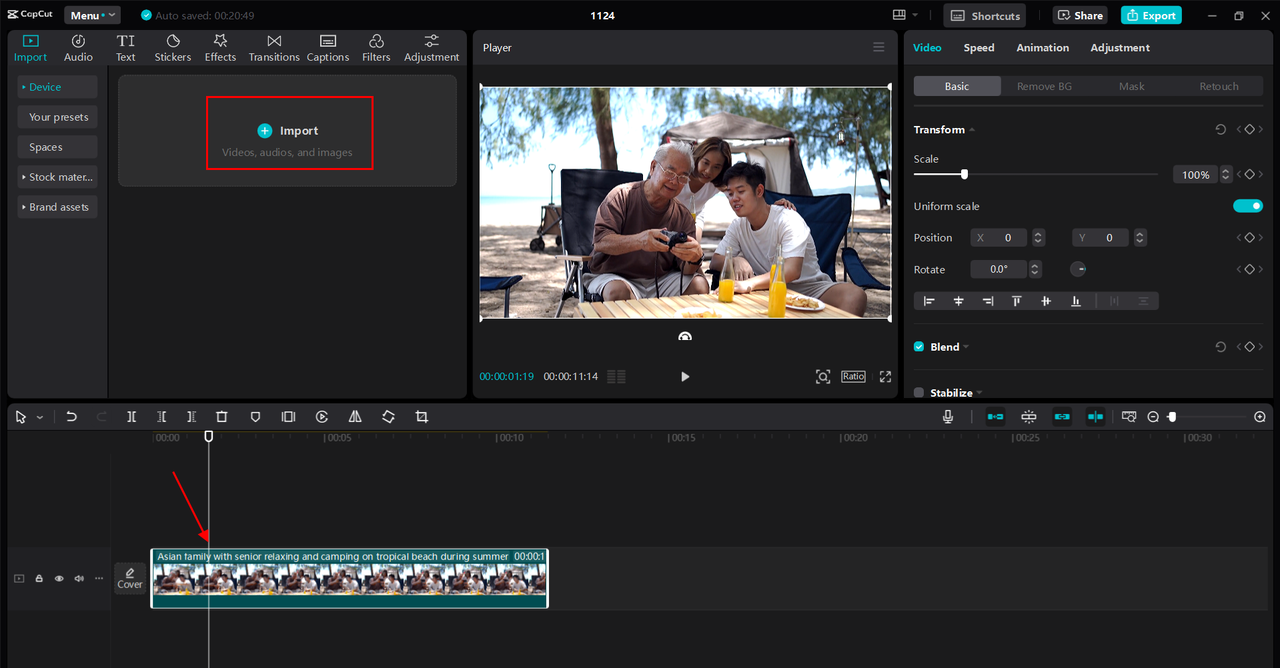 Importing the video into the CapCut desktop video editor