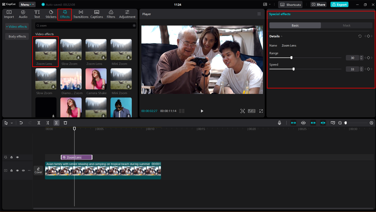 Applying the zooming effect to the video using CapCut