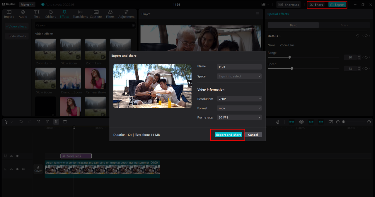 Exporting or sharing the video from CapCut