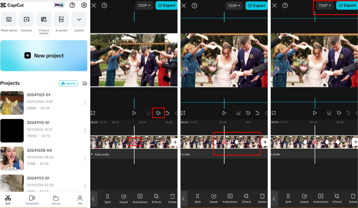 Showing interface of CapCut app applying the zooming effect on video