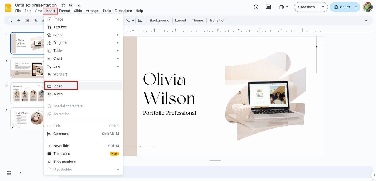 Click insert to add video in Google Slides
