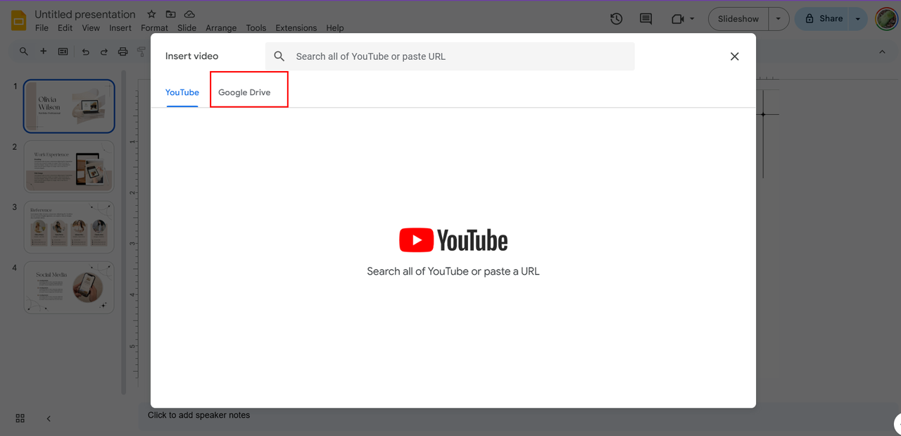 Selecting google drive to add video on google slide