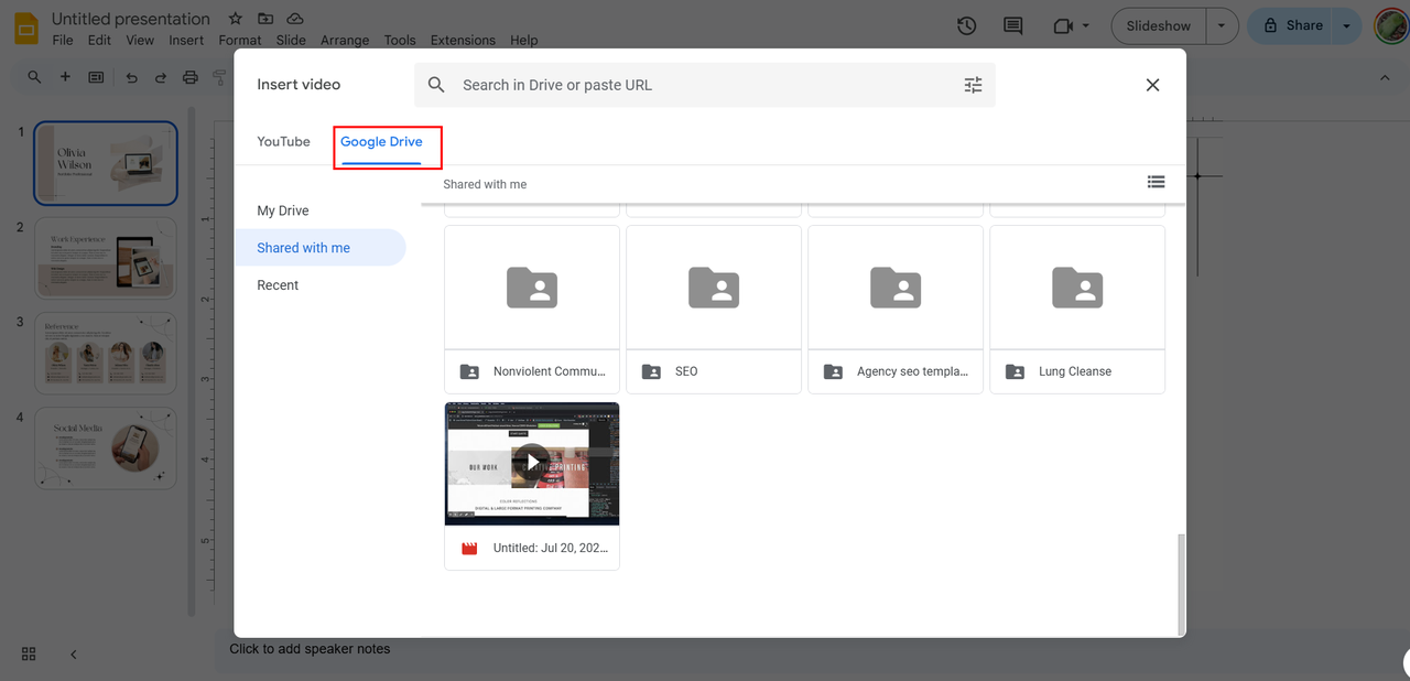 Selecting the video from google drive to add to the slide