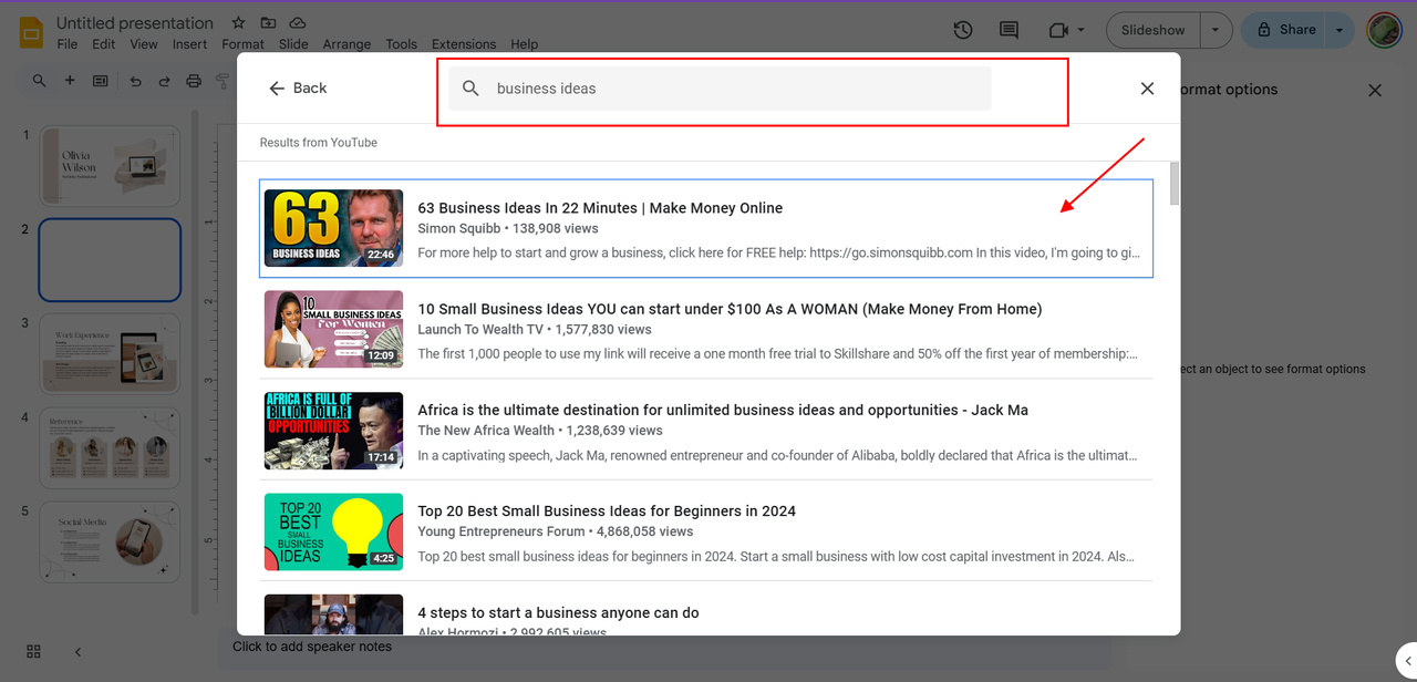 Using the YouTube search bar to add a video to a Google slide