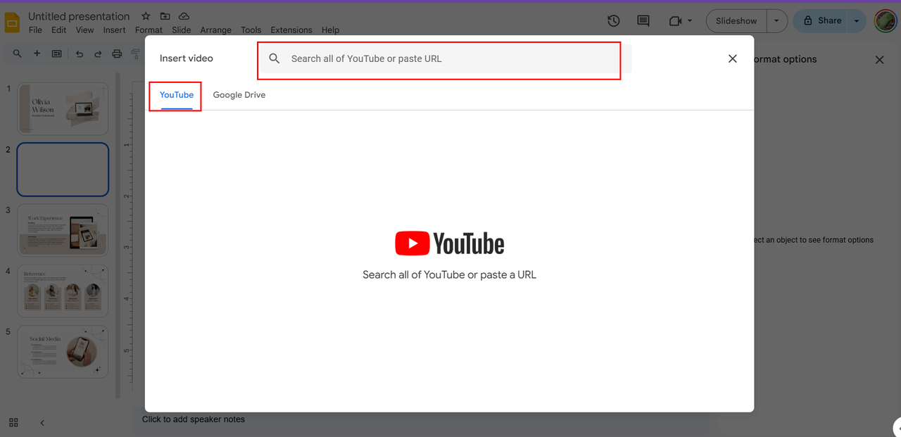 Searching for YouTube video to add to Google slide