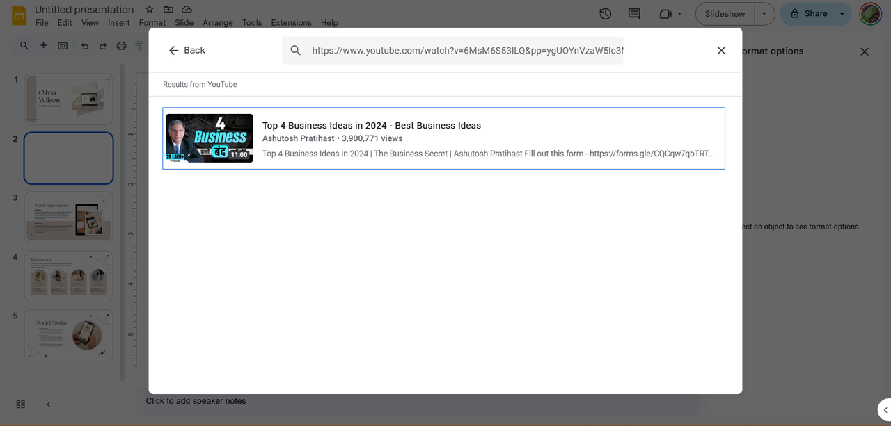 Adding the YouTube video by URL in Google slide