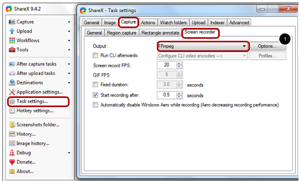 Choosing the recording method in the ShareX screen recorder