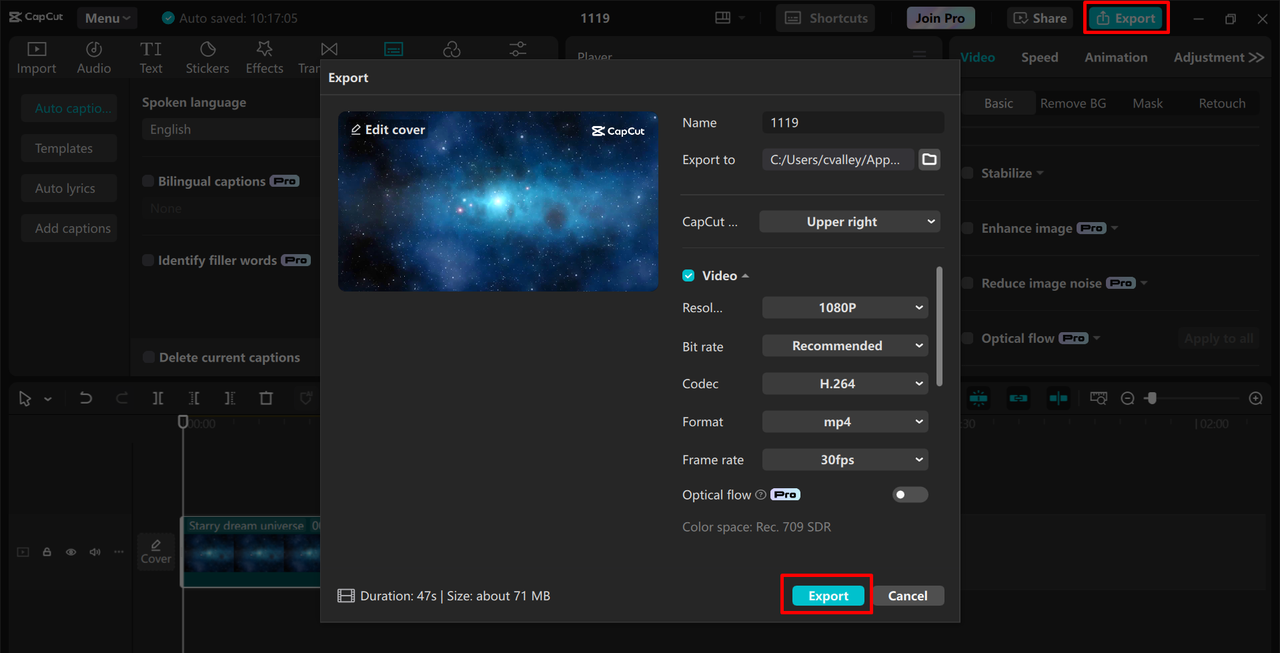 Exporting a video from the CapCut desktop video editor