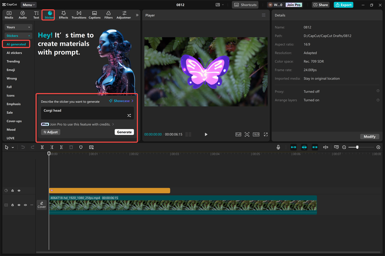 Using the AI stylizing tool to generate enhanced images in the CapCut desktop video editor