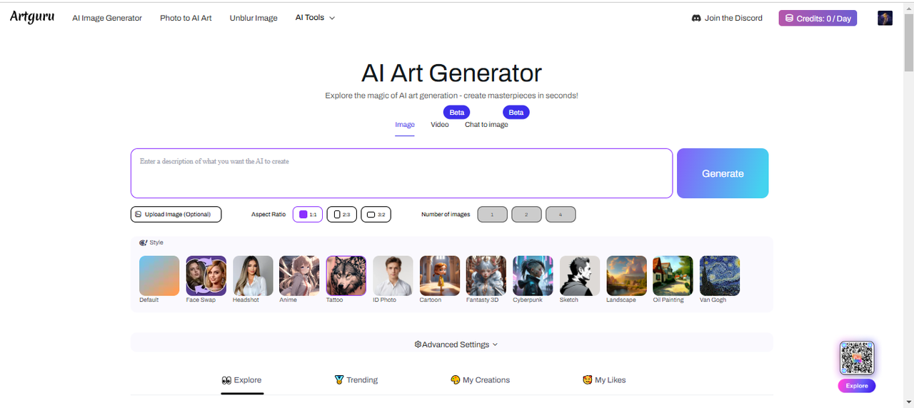 Interface of Artguru—the free AI tattoo generator